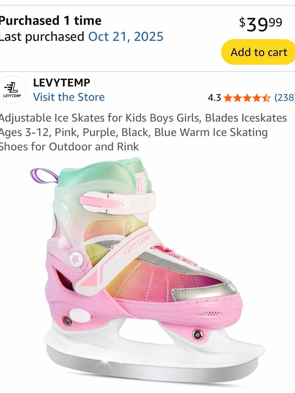 Kids Adjustable Ice Skate - Pastel Rainbow & Pink - toddler size 7-9